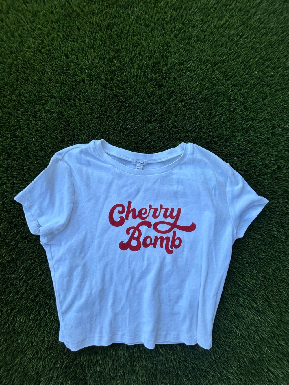 Garage White Kids Tee with Red "Cherry Bomb" Script